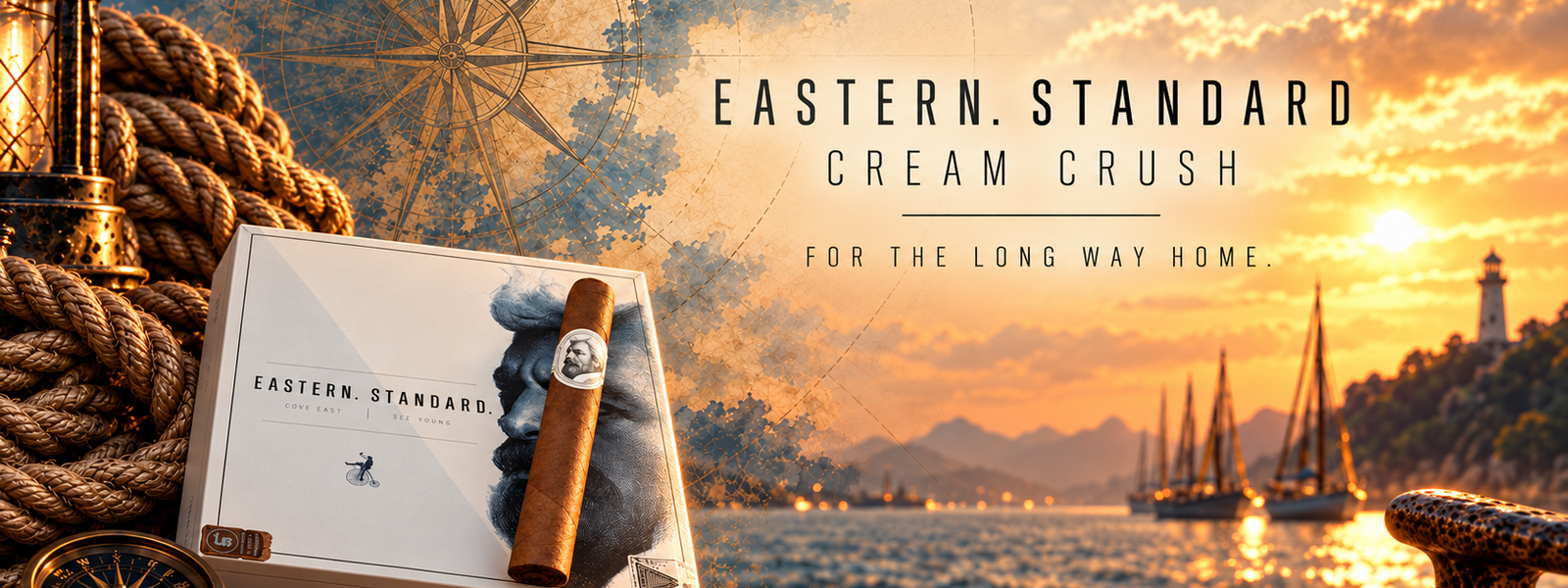 Caldwell Eastern Standard Cream Crush cigar and box against a nautical sunset harbor with vintage compass artwork.