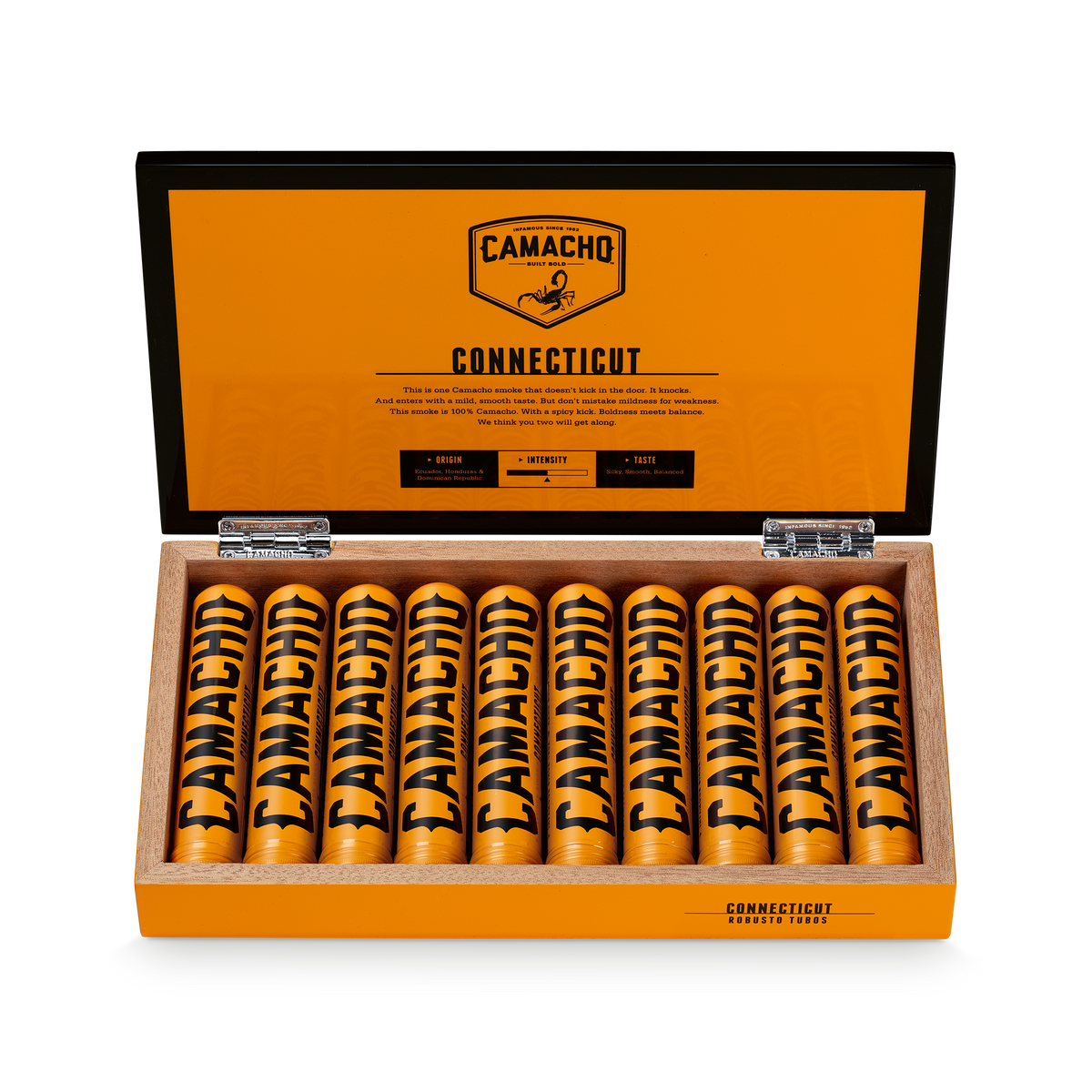 Camacho Connecticut Robusto Tubos 5 x 50 open cigar box