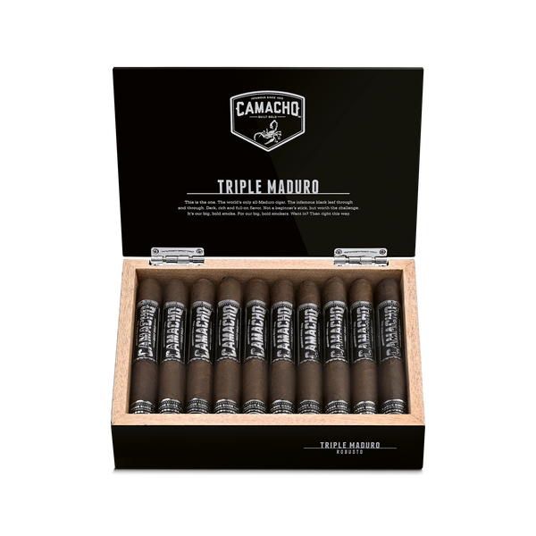 Camacho Triple Maduro Robusto 5 x 50 open cigar box