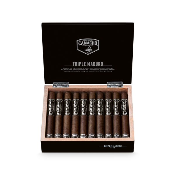 Camacho Triple Maduro Toro 6 x 50 open cigar box