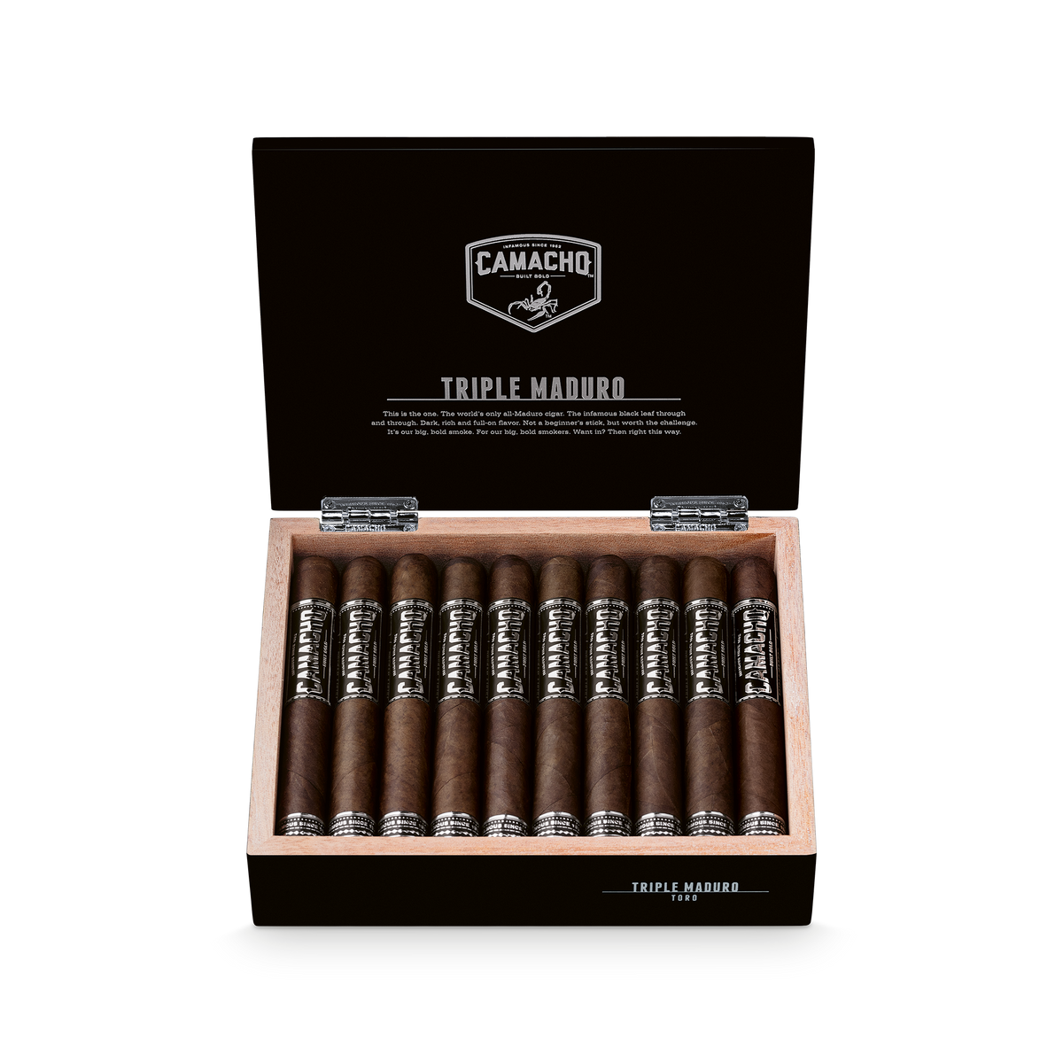 Camacho Triple Maduro Toro 6 x 50 open cigar box