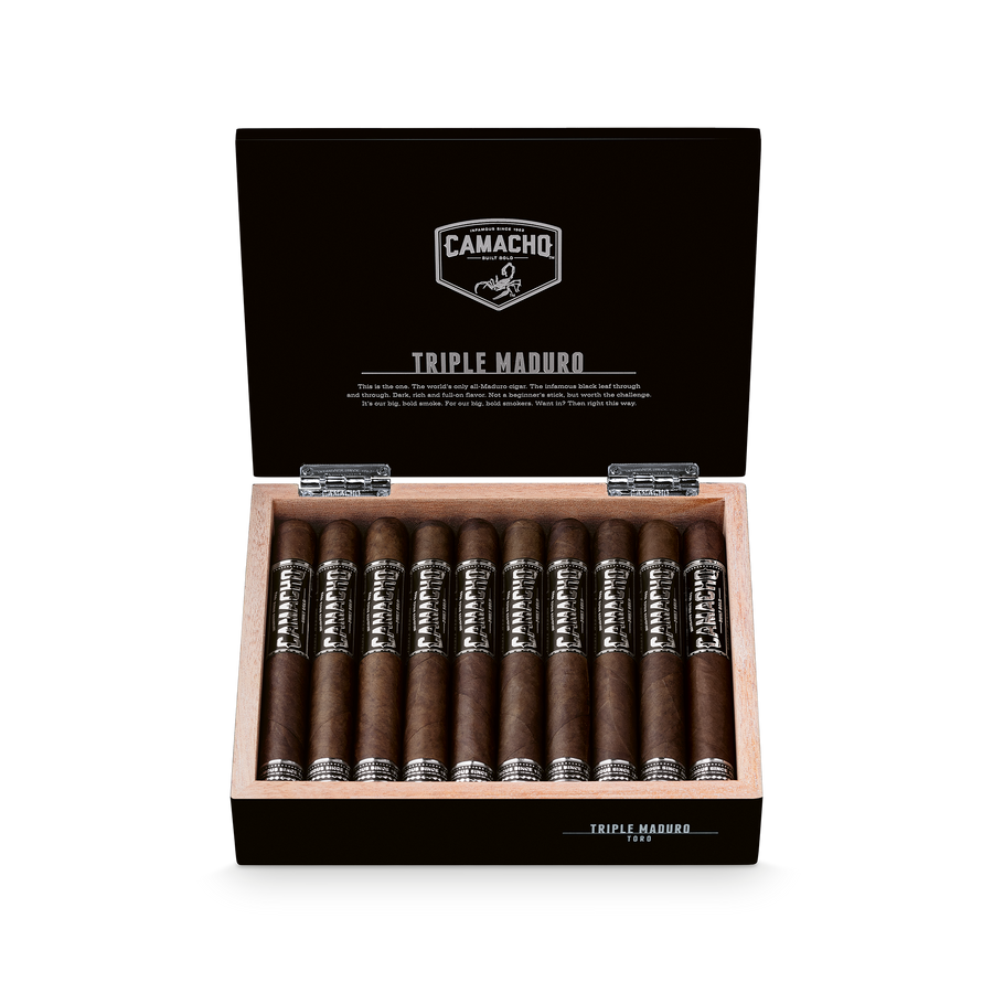 Camacho Triple Maduro Toro 6 x 50 open cigar box