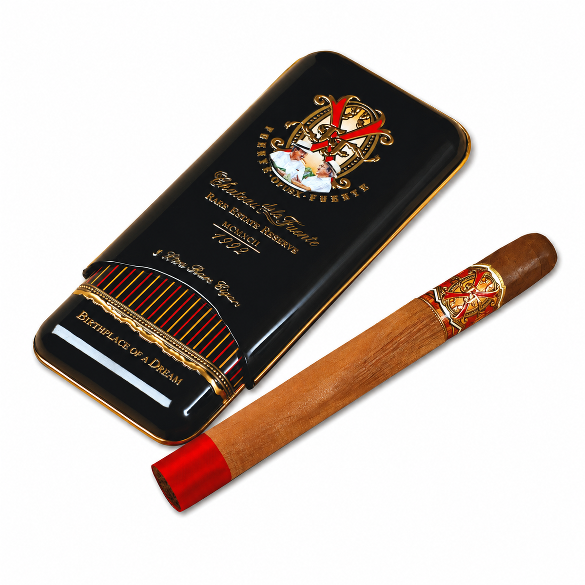Arturo Fuente OpusX Reserva d'Chateau Tin of 3 cigar tin with cigar