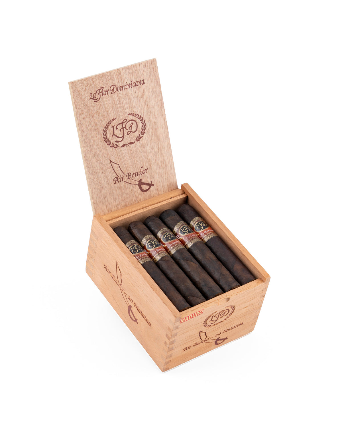 La Flor Dominicana Air Bender Double Press Matatan Maduro open cigar box